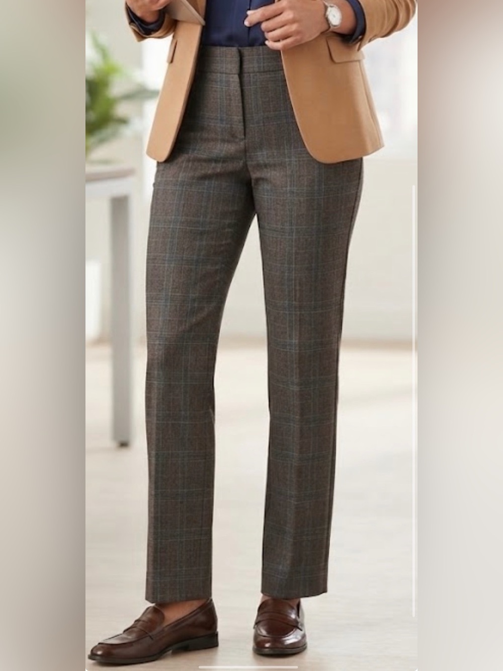 Chico's Defined Plaid Tristen Lined Mid-Rise Pants Brown Size 2 Regular